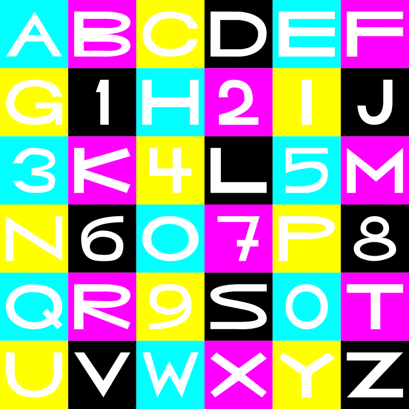 CMYK basic letters/numbers grid (mouseyer font)